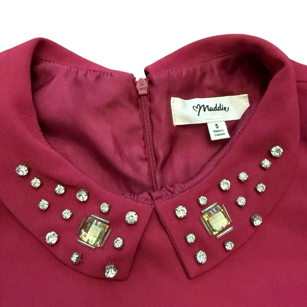 Maddie Juniors Size 5 Sleeveless Dress Burgundy Jeweled Collar A-Line New - Picture 2 of 11